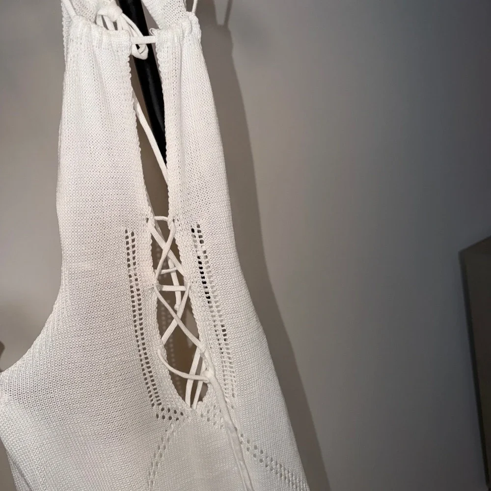 White Knit Lace Up Front Cut Out Maxi Dress Sexy Beach Cover Up Sleeveless M - Picture 3 of 8